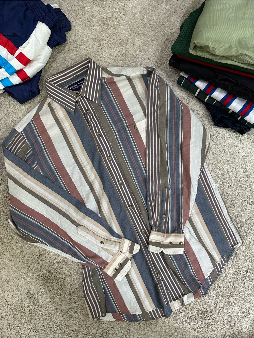 Roundtree & Yorke Vertical Striped Button-Down Shirt - Blue, Brown, Cream
